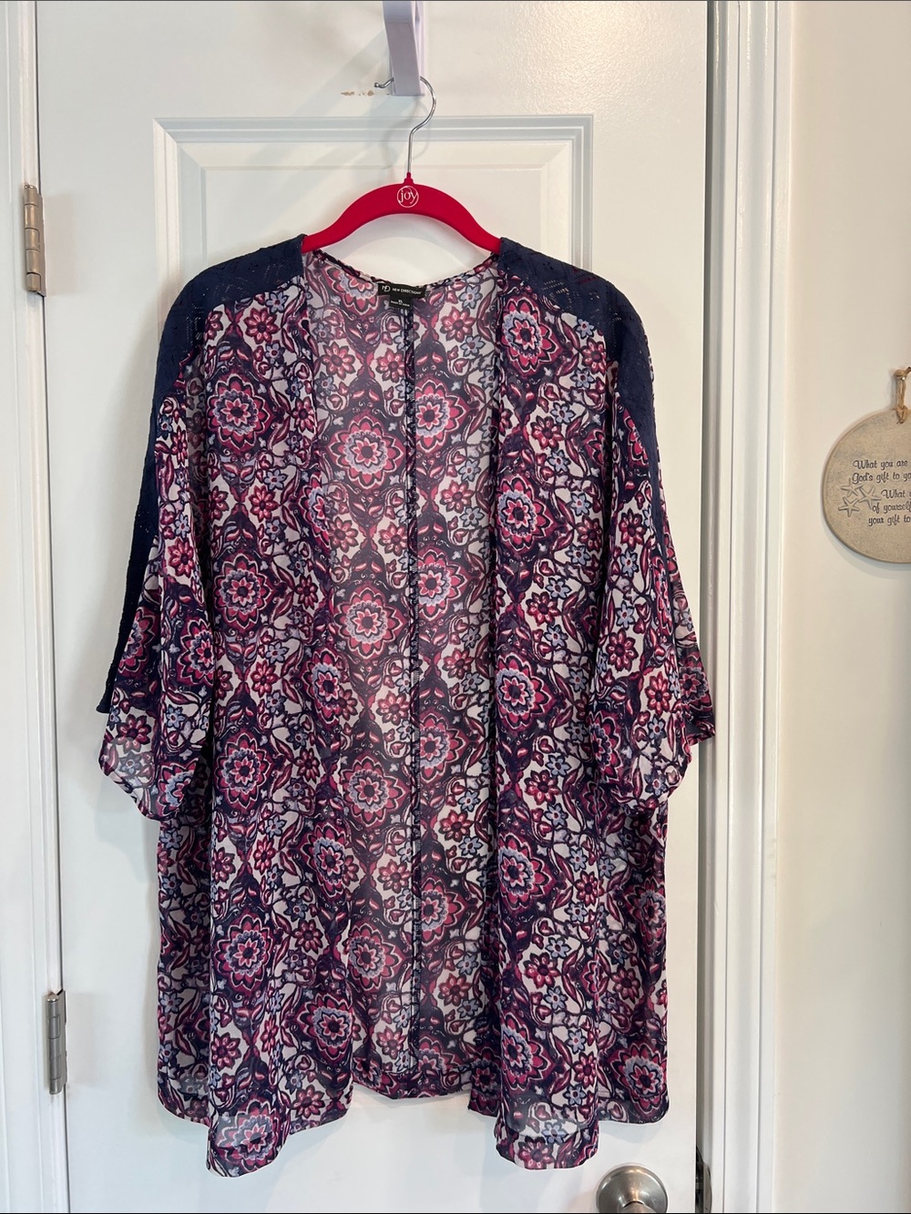 New Directions Sheer Floral Kimono Cardigan in Navy and Pink